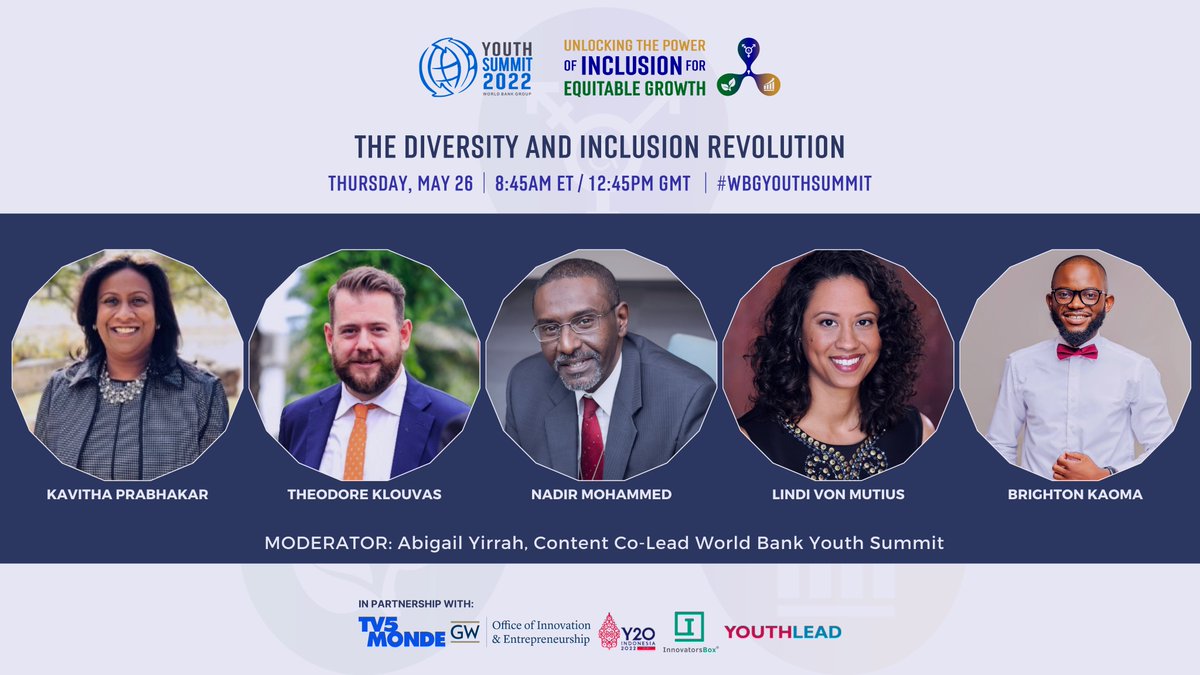 🔴 A #WBGYouthSummit plenary discussion on diversity and inclusion with <a href="/Deloitte/">Deloitte</a>'s <a href="/kavitha_prbhkr/">Kavitha Prabhakar</a>, <a href="/DutchMFA/">Dutch Ministry of Foreign Affairs 🇳🇱</a>'s <a href="/TheodoreKlouvas/">Theodore Klouvas</a>, <a href="/WorldBankMENA/">World Bank MENAAP</a>'s <a href="/Nadirmohammed5/">Nadir Mohammed</a>, <a href="/HarvardExt/">Harvard Extension School</a>'s Lindi von Mutius, and Bright Kaomoa. 

Watch here: wrld.bg/f97R50JfGzv