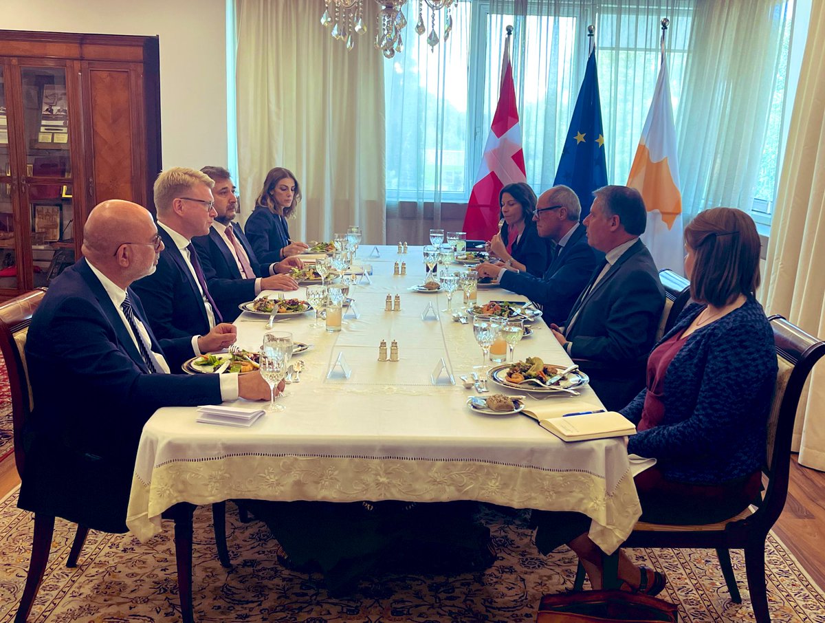 CyprusMFA's tweet photo. Important deliberations between Perm. Sec. @kkorneliou & SG of #CYGenSecEU @louistelemachou with the State Secretary for EU Affairs of @DanishMFA Carsten Gronbech-Jensen | Discussion on Bilateral Relations | #EU 🇪🇺 Affairs | #Ukraine 🇺🇦 | #Energy | Environmental challenges 🇨🇾🤝🇩🇰 https://t.co/AAlev2f1ta