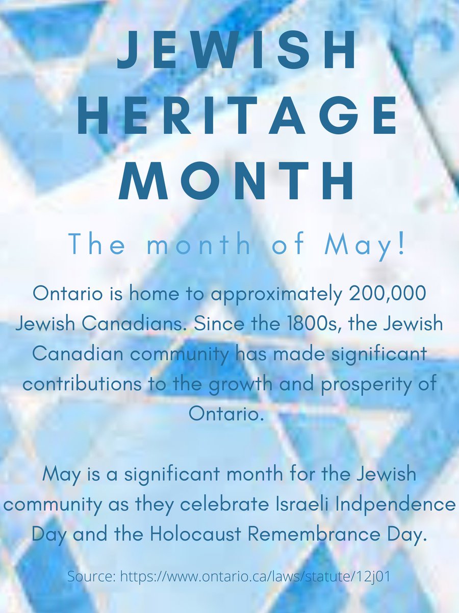 Ontario is home to approximately 200,000 Jewish Canadians. May is a significant month for the Jewish community as they celebrate Israeli Independence Day &amp; the Holocaust Remembrance Day. In May, we celebrate Jewish Heritage!

<a href="/KellyKlalonde/">Kelly Lalonde</a> <a href="/bmillsap8/">Brent Millsap</a> <a href="/mrsashleyhilli1/">ahillier</a>
