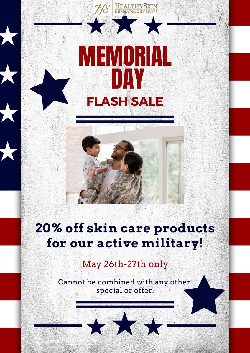 HSDermatology's tweet photo. #healthyskindermatology #healthyskin #dermatology #memorialdaysale #memorialday #activemilitarysale #activemilitary #skincare #cosmetic #cosmeticsale #cosmeticspecial https://t.co/rVtDEyBcae