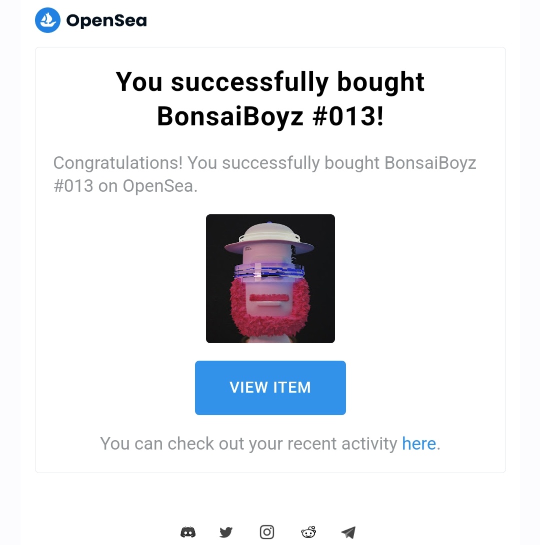 毎日 #NFT買います 🌠 vol.7

12人目のお仲間は <a href="/bonsai_boyz/">Bonsai | 𝐬𝐮𝐩𝐞𝐫 𝐦𝐚𝐢𝐬𝐨𝐧</a> さんです！

BonsaiBoyzさんにはLOMの世界で利用できる"カギ"をお送りさせていただきます🗝️
<a href="/opensea/">OpenSea</a>