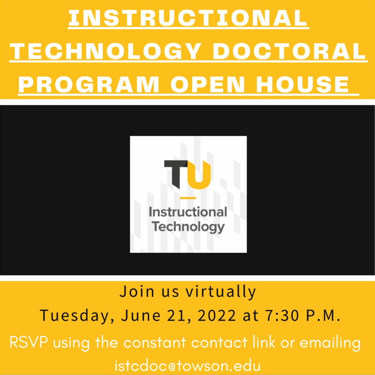 TowsonISTC's tweet photo. Join us virtually on 6/21/22 @ 7:30 P.M. to learn more about the Instructional Technology Doctoral Program!  If interested in attending, please RSVP with the link below or email istcdoc@towson.edu. We will respond with a link to join the event.

Link: https://t.co/3QDkkunqjj https://t.co/5uw1hAAwLM