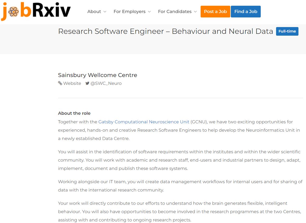 jobRxiv (@jobrxiv) on Twitter photo Research Software Engineer – Behaviour and Neural Data
Sainsbury Wellcome Centre (<a href="/SWC_Neuro/">SWC</a>), London, UK
jobrxiv.org/job/sainsbury-…
#ScienceJobs <a href="/GatsbyUCL/">Gatsby Computational Neuroscience Unit</a> <a href="/UCLLifeSciences/">UCL Faculty of Life Sciences</a> <a href="/ucl/">UCL</a> <a href="/adamltyson/">Adam Tyson</a> #RSEng #neuroscience Research Software Engineer – Behaviour and Neural Data
Sainsbury Wellcome Centre (<a href="/SWC_Neuro/">SWC</a>), London, UK
jobrxiv.org/job/sainsbury-…
#ScienceJobs <a href="/GatsbyUCL/">Gatsby Computational Neuroscience Unit</a> <a href="/UCLLifeSciences/">UCL Faculty of Life Sciences</a> <a href="/ucl/">UCL</a> <a href="/adamltyson/">Adam Tyson</a> #RSEng #neuroscience