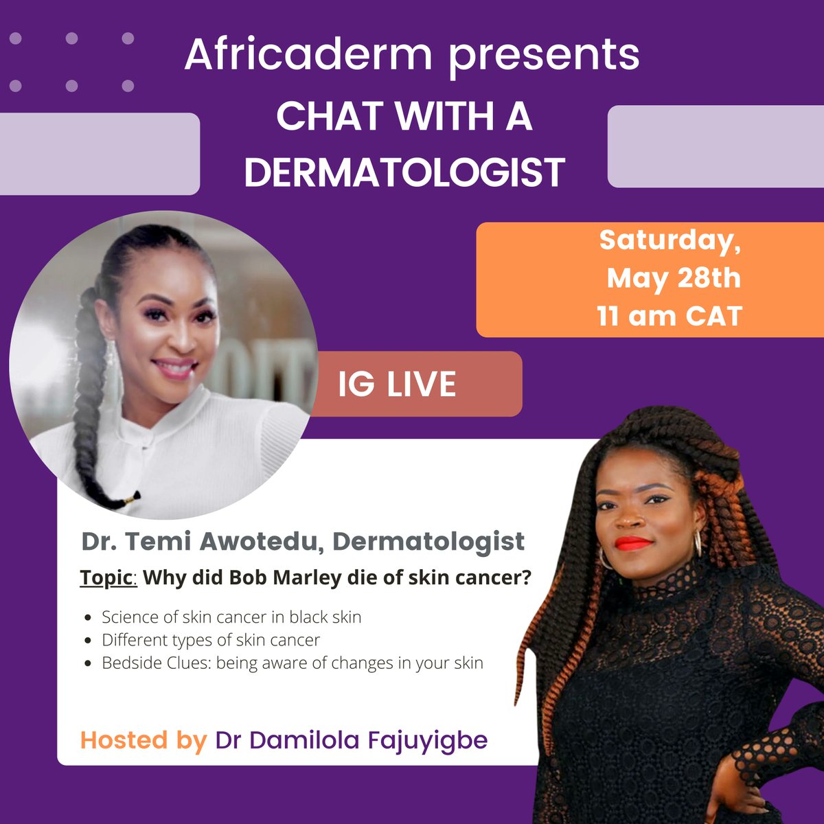 Join us this Saturday on Instagram <a href="/africaderm/">AfricaDerm</a> for a new Fireside Chat with our guest dermatologist Dr Temi Awotedu👩🏾‍⚕️

Dr Awotedu will join our host, Dr. Damilola Fajuyigbe, to discuss the prevalence of skin cancer in the black population. ⚠️❗

Tune in at 11am CAT !🙌🏿