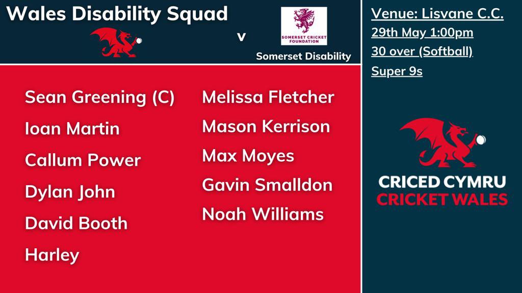 It’s Gameday Number 2 for our Softball Team this Sunday 🥳 They take on Somerset at @lisvanecc 

Your Squad for the game is below 👇🏻💪🏻

🆚 @SomDisabledCC
🗓 Sunday 29th May
🏏 S9 Regional South West
📍Lisvane CC
⏰ 1pm

🏏🏴󠁧󠁢󠁷󠁬󠁳󠁿🐉🔴🔵 | #WeAreWelshCricket