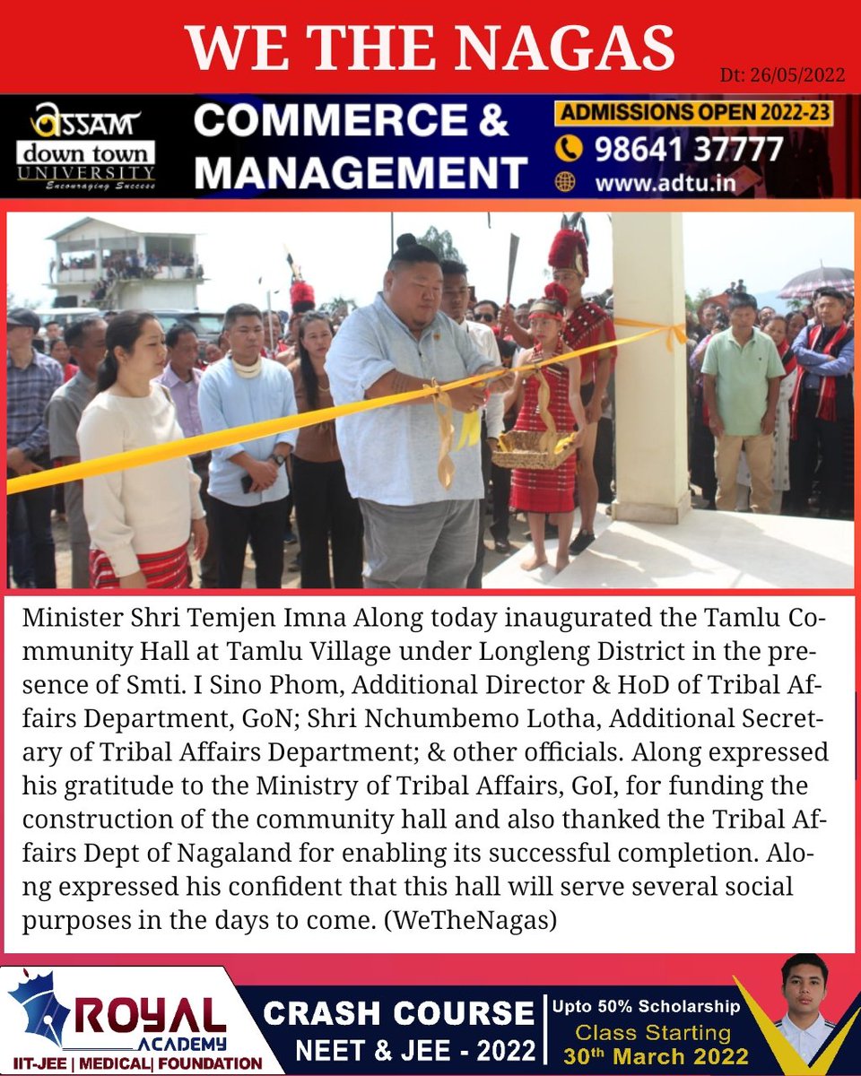 WeTheNagas's tweet photo. Minister Shri Temjen Imna Along inaugurates Tamlu Community Hall at Tamlu Village under Longleng District.
@wethenagas
#Nagaland #WeTheNagas #Dimapur #Kohima @BBBPLongleng #NagalandNews @AlongImna #News #BreakingNews #Tamlu #Longleng #TamluCommunityHall https://t.co/m1sy8oY3Qn