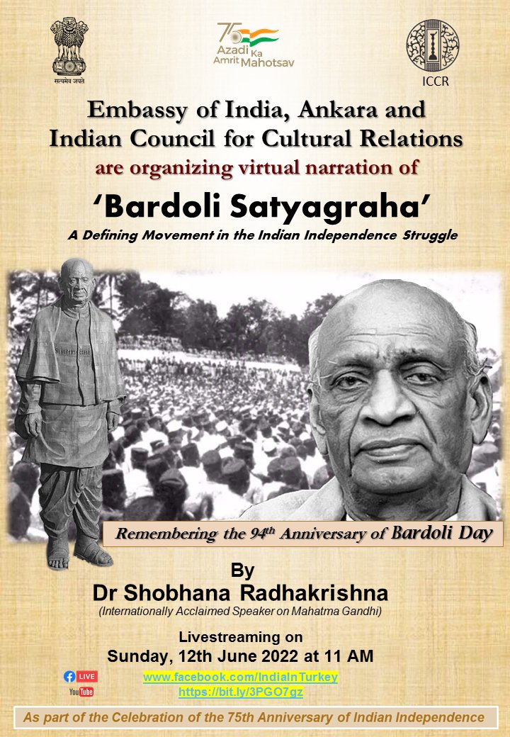 Embassy of India, Ankara proudly presents a Talk by Smt. Shobhna Radhakrishna on #BardoliSatyagraha - A defining movement in the #IndianIndependenceStruggle led by #SardarPatel.

Do watch it on: youtu.be/Uq9_3ZKwKa4

#AmritMahotsav #Indiaat75