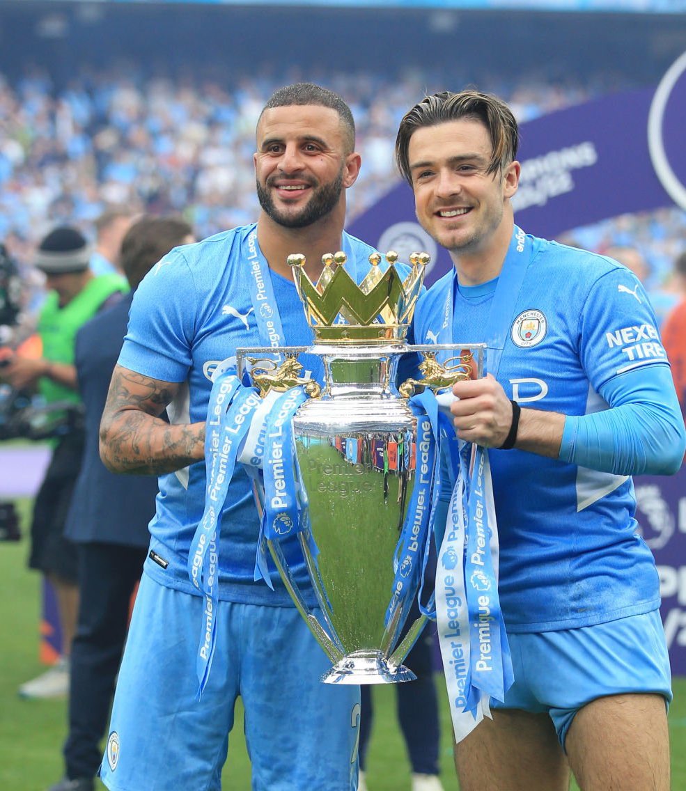 Priceless_MCI's tweet photo. Walker consoling Jack Grealish after the League Cup final. Now PL champions as teammates https://t.co/fZj7TktyOO