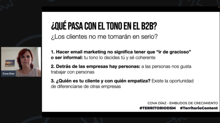 "El email marketing es un canal más intimo, pero puedes usar el tono que vaya contigo, pero debes ser coherente" 😉 Dicho por <a href="/Cova_Diaz_/">Cova Díaz</a> 

#TerritorioDSM #TerritorioContent