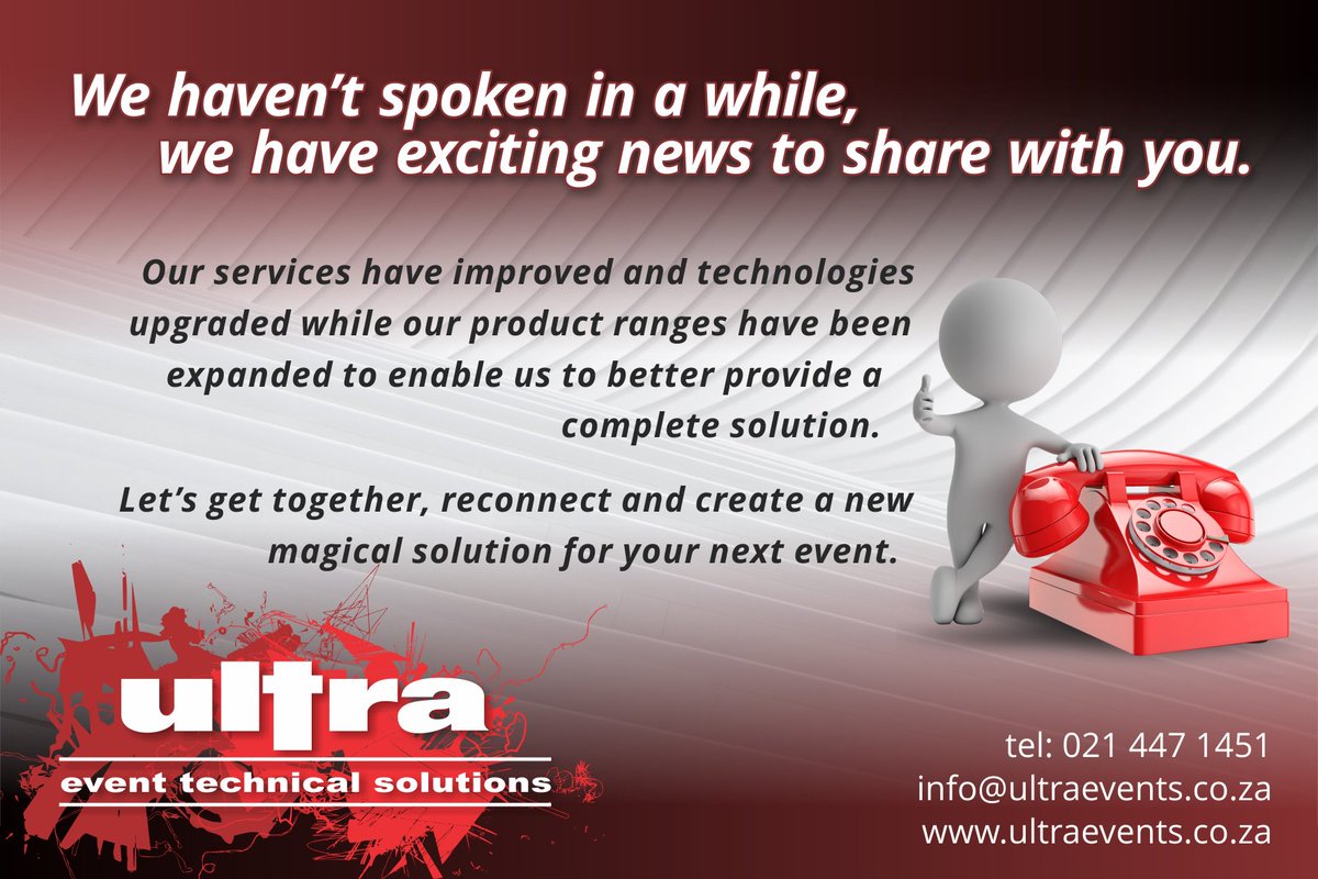 Let's get together,  reconnect and create a new magical ✨️ solution for your next event!

For more info head over to ultraevents.co.za 

#events
#onestopsolution 
#Ultraeventtechnicalsolutions