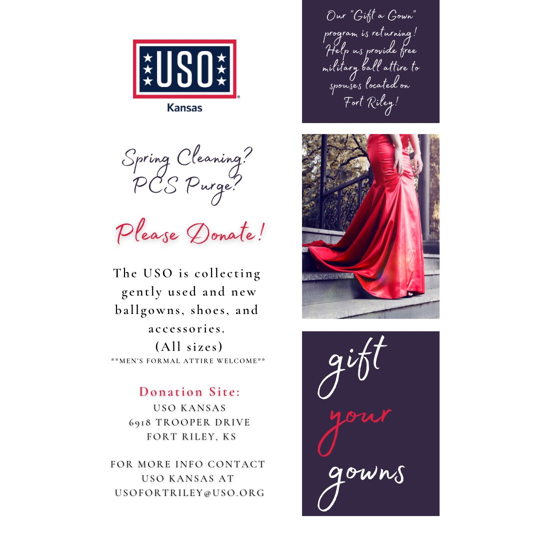 Looking for a new home for some of your gently used or new ballgowns and men’s formal wear? Consider donating it to our Gift the Gown program! You can drop off items at the center on Ft. Riley or if you have any questions shoot us an email at usofortriley@uso.org #BeTheForce