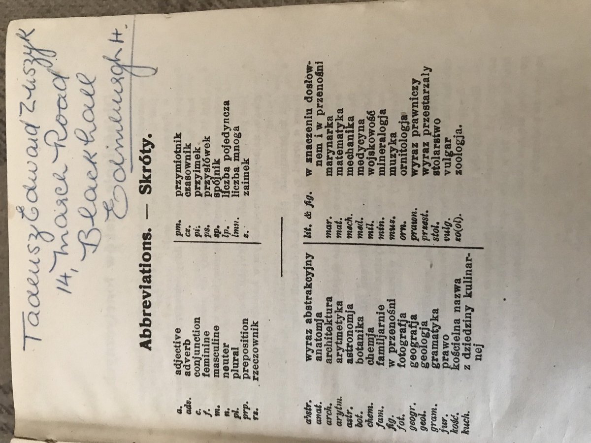 tonymurney's tweet photo. I found this old Polish/English dictionary belonging to Tadeusz Edward Zuszyk dated 1945, and the address on it is 14 March Rd, Blackhall, Edinburgh 4. I honestly can’t recall how it ended up in a cupboard in my house, but I’d love to return it to the owner or a family member https://t.co/N7343lqcDr