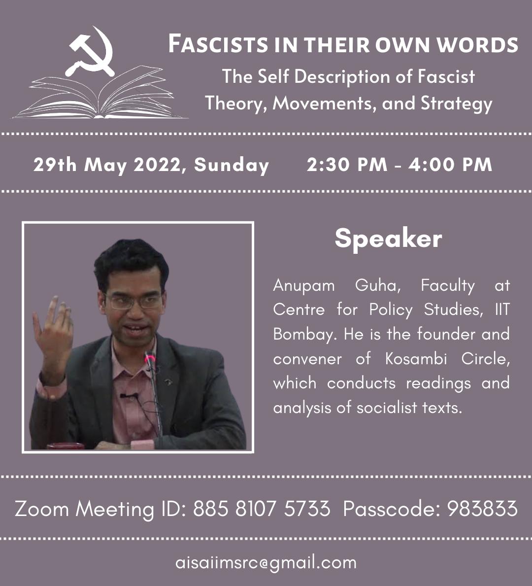AISA-IIMS (@aisa_iims) on Twitter photo Revolutionary greetings,
AISA-IIMS invites you to the fifth session of our course on Fascism in India.
us02web.zoom.us/j/88581075733?…
Meeting ID: 885 8107 5733
Passcode: 983833
Email : aisaiimsrc@gmail.com Revolutionary greetings,
AISA-IIMS invites you to the fifth session of our course on Fascism in India.
us02web.zoom.us/j/88581075733?…
Meeting ID: 885 8107 5733
Passcode: 983833
Email : aisaiimsrc@gmail.com