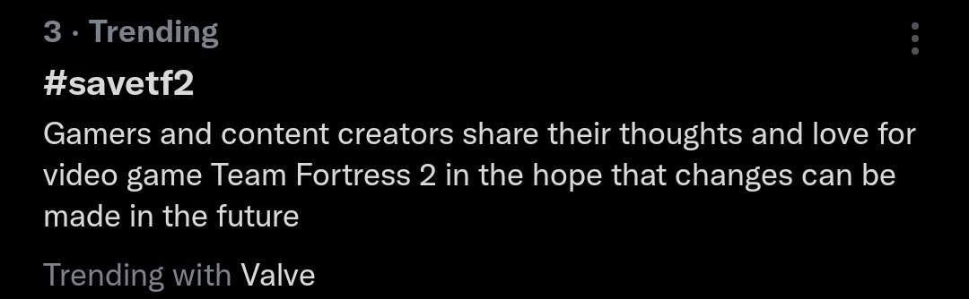 Overthegiantree's tweet photo. No. 3 trending in the UK!
To say this was a game made in 2007 and hasn't seen a major update in years, that's nuts. #savetf2 too strong https://t.co/HNFDgyEPMd