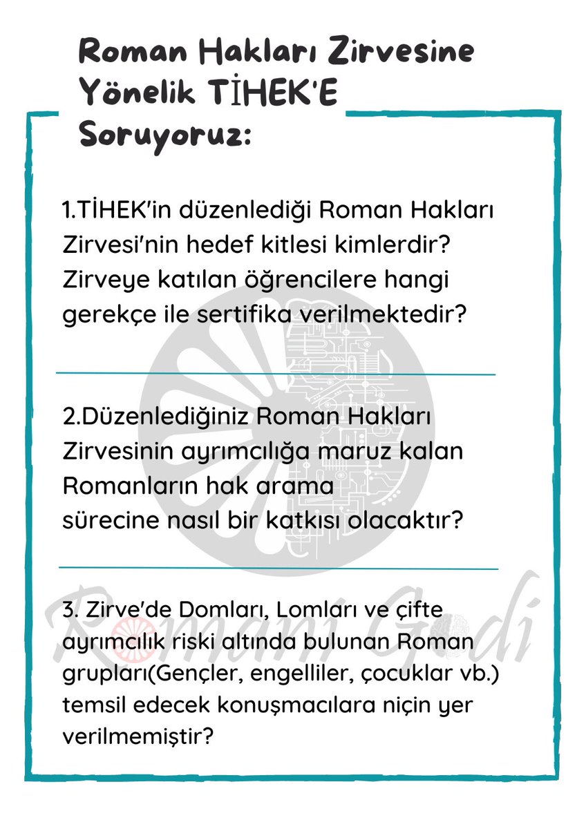Romani_Godi's tweet photo. @tihek_kurumsal ‘ın düzenlediği Roman Hakları Zirvesi’ne yönelik soruyoruz:
#TİHEKSoruyoruz 
#RenkDeğilizEşitiz
@muharremkilic1 https://t.co/utTCRILMEj