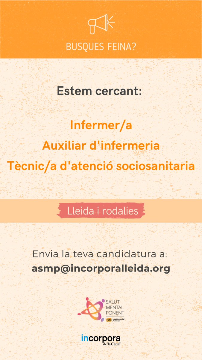 Smponent's tweet photo. #ProgramaIncorpora
Busquem urgentment professionals de l'àmbit social ( tècnics d'atenció sociosanitària, treball social, educació social, integració...) per cobrir vacances d'estiu a centres residencials a la Fundació Aspamis per a persones amb discapacitat. https://t.co/sOZgeK5mlt