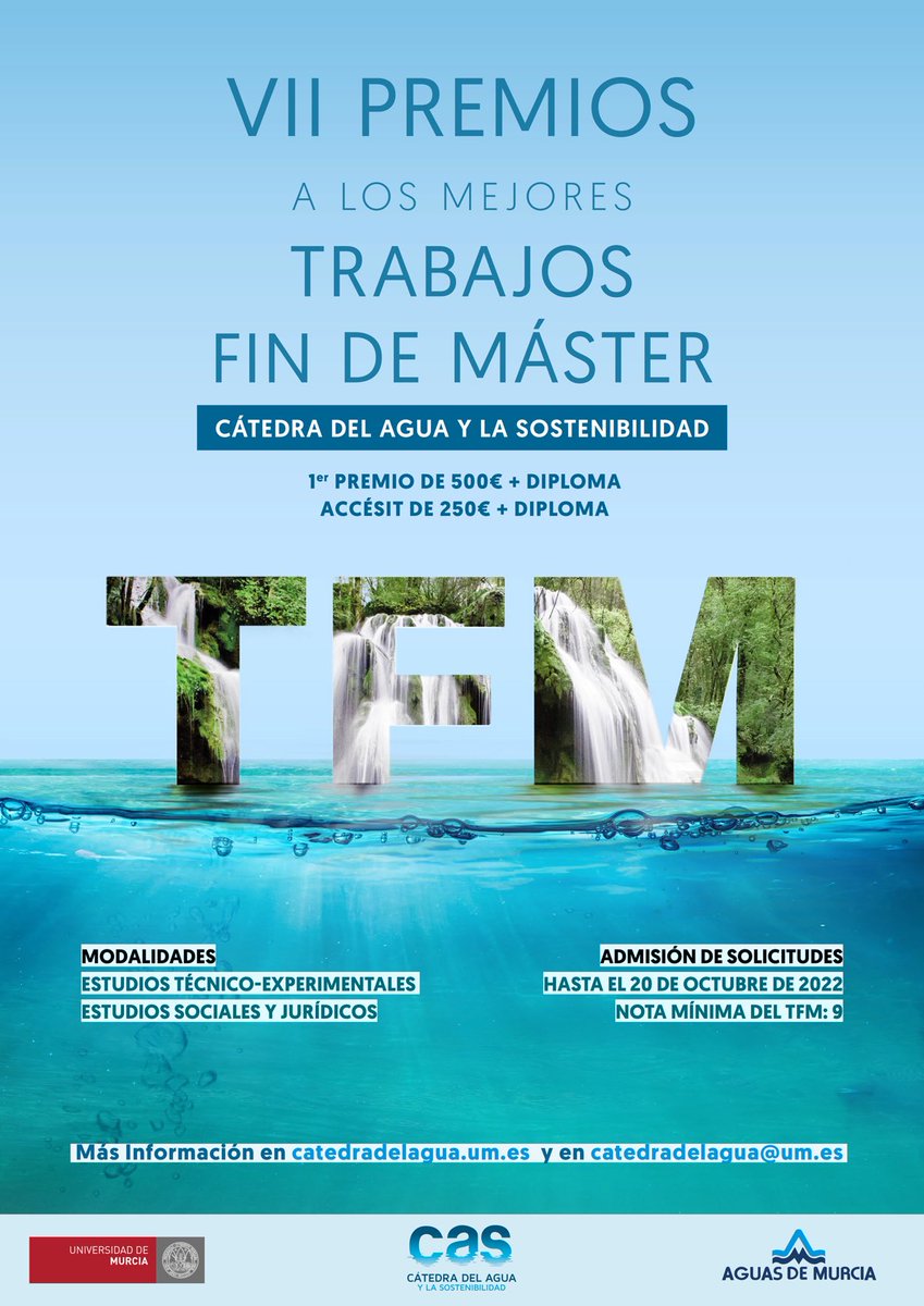 Ya se ha abierto una nueva edición de nuestros #PremiosMejoresTFM 👏👏 Si has defendido o vas a defender tu #TFM este curso no lo dudes y presenta tu solicitud antes del 20 de octubre!! ⁦<a href="/UMU/">Universidad Murcia</a>⁩ ⁦<a href="/CatedraAgua/">Cátedra del Agua y la Sostenibilidad</a>⁩ <a href="/EMUASA_Clientes/">Aguas de Murcia</a>⁩ #agua #sostenibilidad #investigación