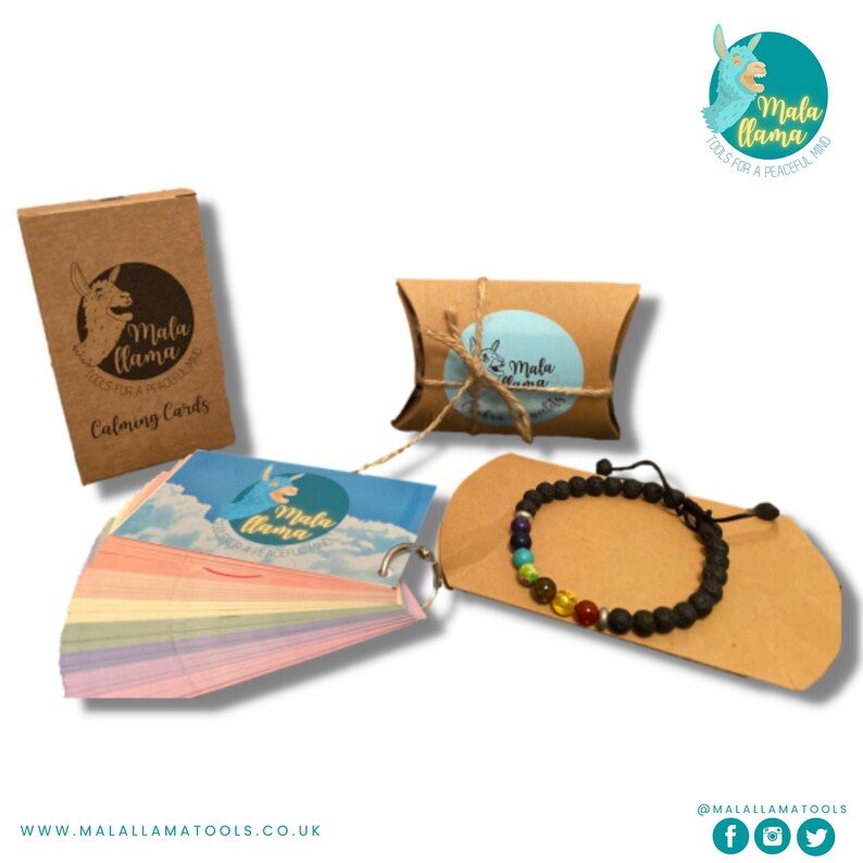 MalaLlamaTools's tweet photo. 🚨NEW PRODUCT! 🚨

Mala Llama Calming Bundle.

Including Calming Cards, with positive affirmations &amp; individual coping strategies/ meditation tips, &amp; a Chakra Bracelet made up of lava beads &amp; 7 crystal beads representing the chakras. 

Bundled together to leave you calm. https://t.co/O7aTIWV2MW