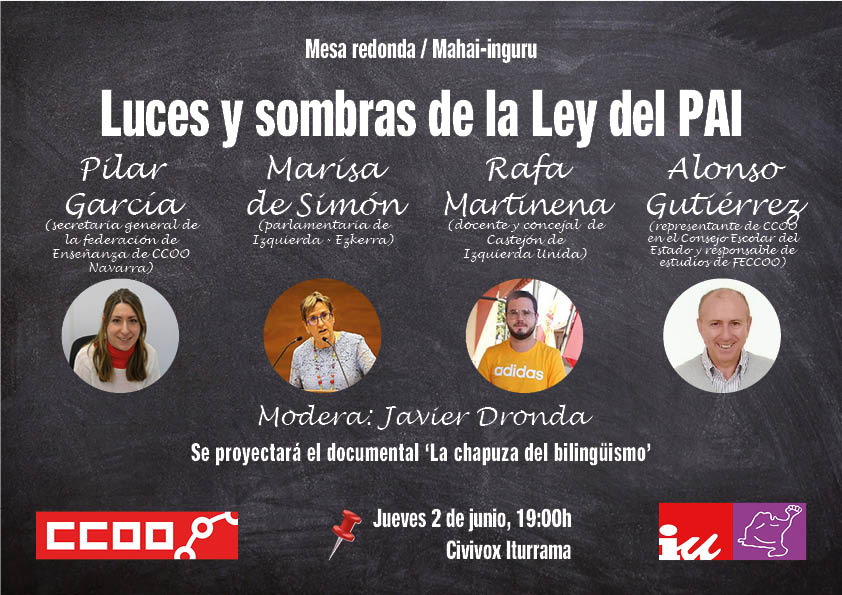 🔴El próximo jueves 2 de junio tenemos una interesante jornada para abordar las luces y sombras de la Ley del PAI, un tema de actualidad con muchas aristas... 

🗣️Dirigida a toda la comunidad educativa
📍19:00h, civivox Iturrama, entrada libre