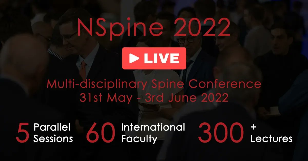 Join the live stream from NSpine 6th Main Conference Porto from 31st May to 3rd June 2022 online from anywhere!

Livestream pass also provides you with: 1. CME accreditation 2. 3 months access to the lectures 3. Self paced viewing.

buff.ly/3JnbS9B