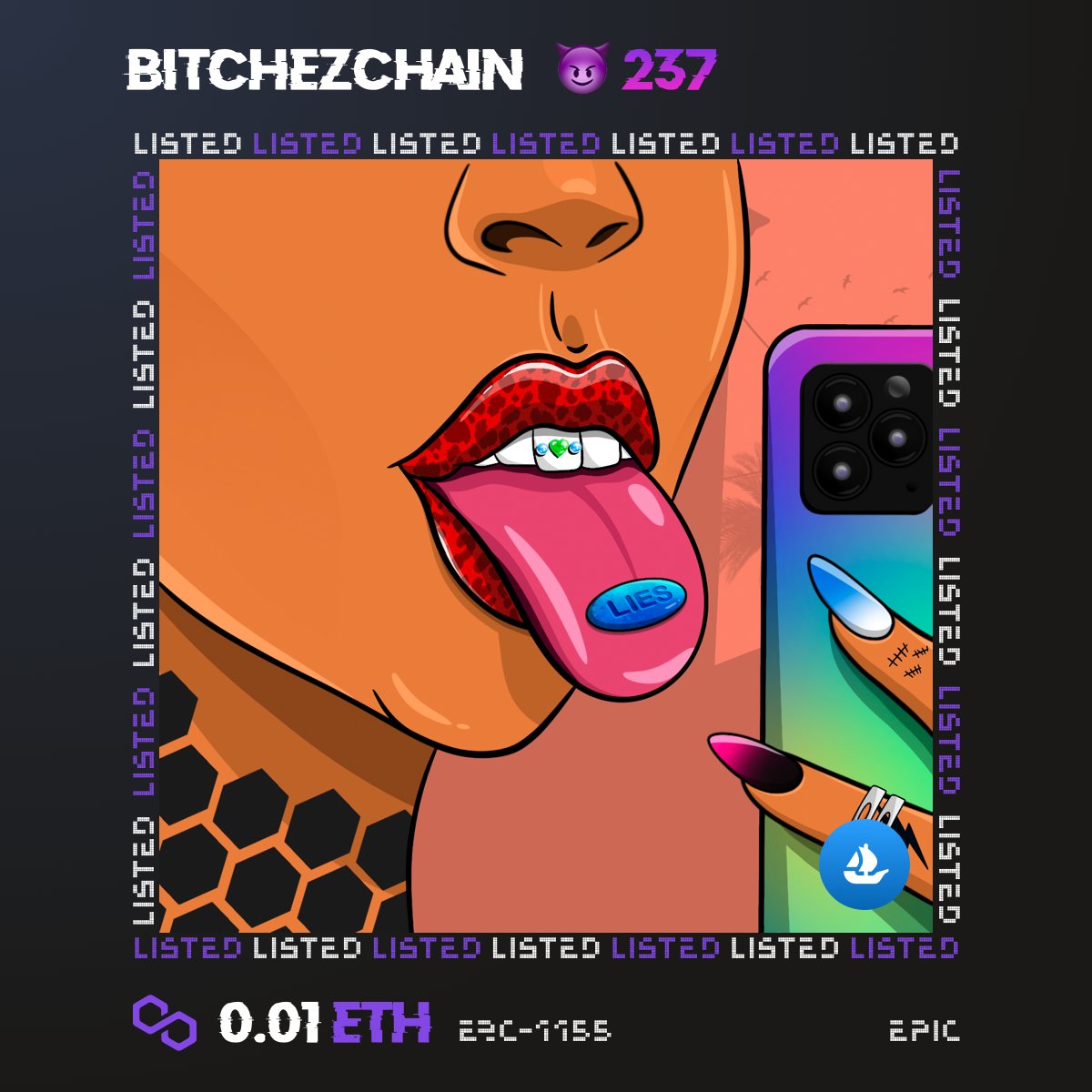 bitchezchain's tweet photo. 💋💋💋 LISTED 💋💋💋
😈 #bitchezchain #️⃣237
💜 0.01 ETH (Polygon)
⛓ OpenSea: https://t.co/cOHrkghVDh

#NFT #NFTdrop #NFTartist #NFTCommunity https://t.co/mkBZO6KVwh