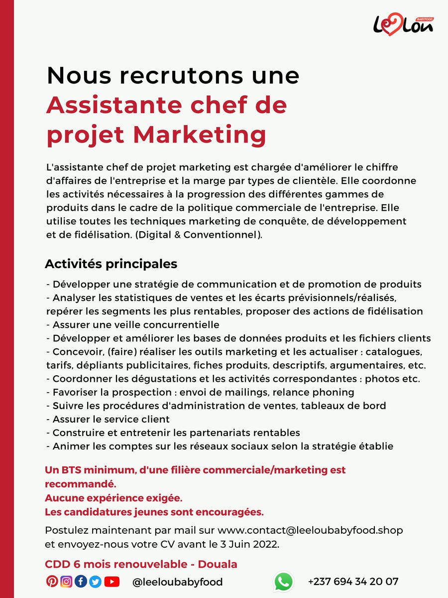 LEELOU Baby Food 👶🏾🥕🥒 (@leeloubabyfood) on Twitter photo Nous recrutons une assistante chef de projet Marketing !
Tous les détails ci-dessous.
Mail : contact@leeloubabyfood.shop
#JobAlert #PleaseShare Nous recrutons une assistante chef de projet Marketing !
Tous les détails ci-dessous.
Mail : contact@leeloubabyfood.shop
#JobAlert #PleaseShare
