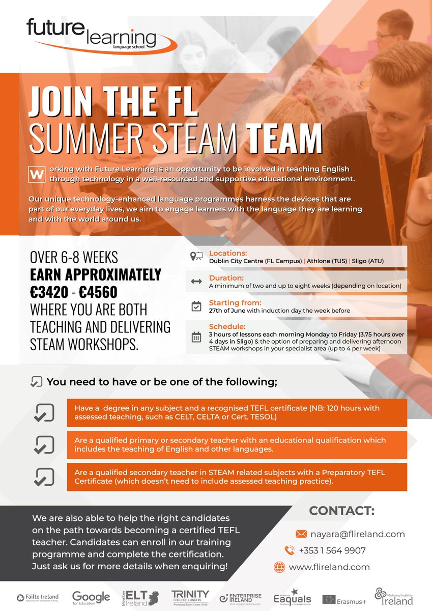 #Join our #SummerSTEAM Team!

We are seeking #qualified #EnglishLanguageTeachers or school teachers of any related subject.

#WeAreHiring for positions in #Dublin #Athlone &amp; #Sligo

Please send a copy of your #CV &amp; #coverletter to nayara@flireland.com
#jobfairy #hiring #irishjobs