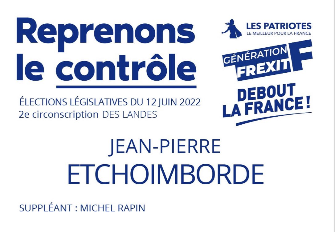 RLC_Aquitaine's tweet photo. #legislatives2022   
L’union des #souverainistes.
Dans les Landes #C4002 
2ème circonscription, cantons Dax/Saint-Martin-de-Seignanx/Soustin/Saint-Vincent-de-Tyrosse.
Votez Jean-Pierre ETCHOIMBORDE!
@DLF40_Landes @_LesPatriotes @GFAquitaine @DLF_Officiel https://t.co/SM81gsY0Rb