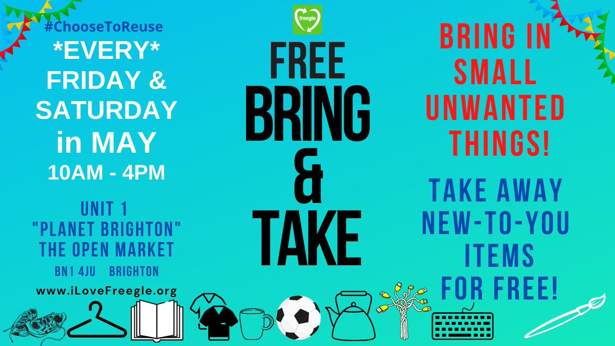 #FreeShop
BRING in unwanted stuff and I'll then GIVE IT AWAY so it gets reused.

Perfect if you need to have a declutter or to find stuff you do need - for free 💚

Fri 27 &amp; Sat 28 May
10-4
Unit1 at <a href="/BrightonOpenMkt/">BrightonOpenMarket</a> 

Details👉🏼 ilovefreegle.org/communityevent…