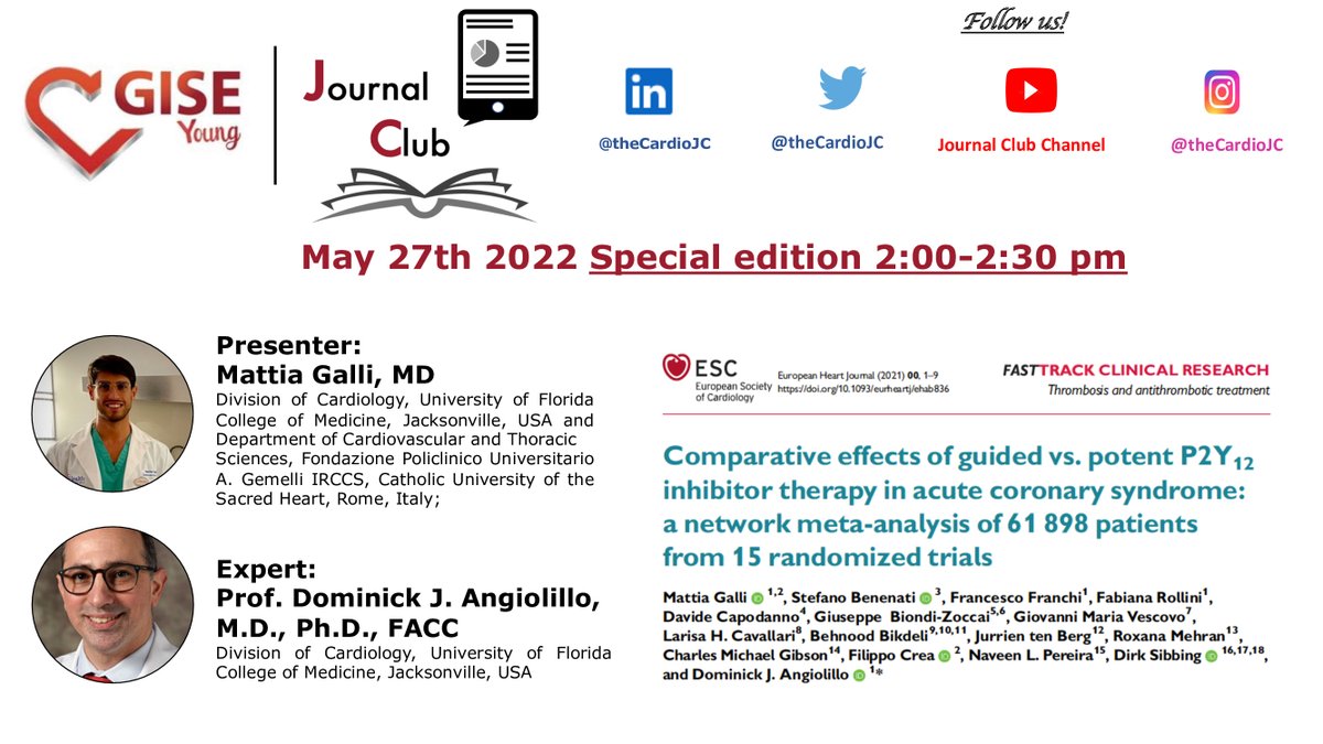 sicigise's tweet photo. 🔜@theCardioJC
🩸 Should guided selection of P2Y12i be recommended in ACS patients?
Join @MattiaGalli10 and our expert #AngiolilloDJ discussing on
📍Standard vs guided P2Y12i
📍DAPT in ACS
📍Network meta-analysis
🗓 Fri 27th May
🚨Special edition 2.00 pm (Rome)
📩link https://t.co/MTjg5G5ayf