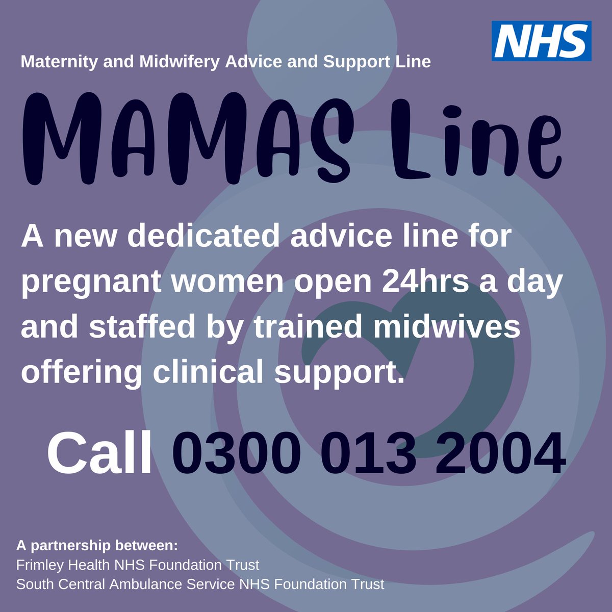 FrimleyHealth's tweet photo. We're so excited to be introducing MAMAS line to Frimley Park today! 

MAMAS line is a single point of contact for all of your worries and concerns about pregnancy, labour and after birth. It's available 24/7 and staffed by trained midwives 💜

https://t.co/Vb02aG0xlO https://t.co/8wXsfQajNL