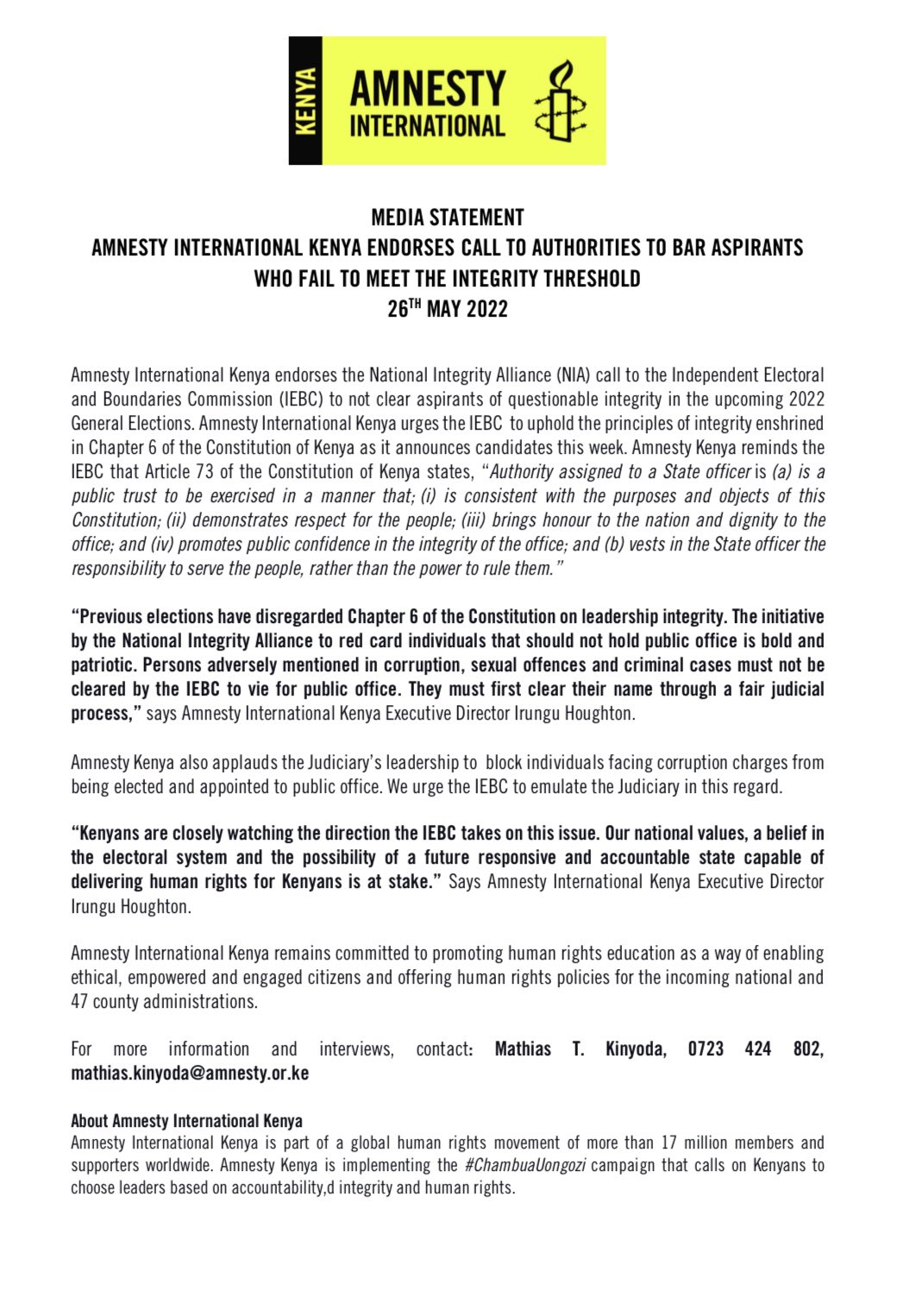 Amnesty Kenya on Twitter "We support the National Integrity Alliance