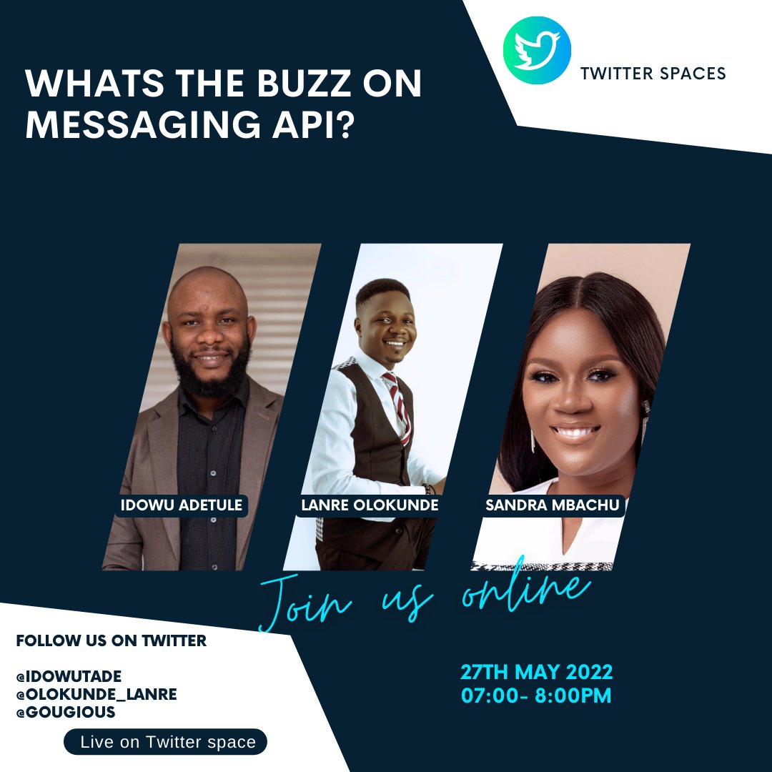 Gougious's tweet photo. There has been a lot of conversations around messaging, messaging API and enterprise messaging.
Leveraging on business messaging can be the game-changer for businesses.
Join us this Friday at 7pm. 
Join via
https://t.co/tKRQTydRRh

#productmanagers 
#Customersuccess
#business https://t.co/SOrOPvNDrU