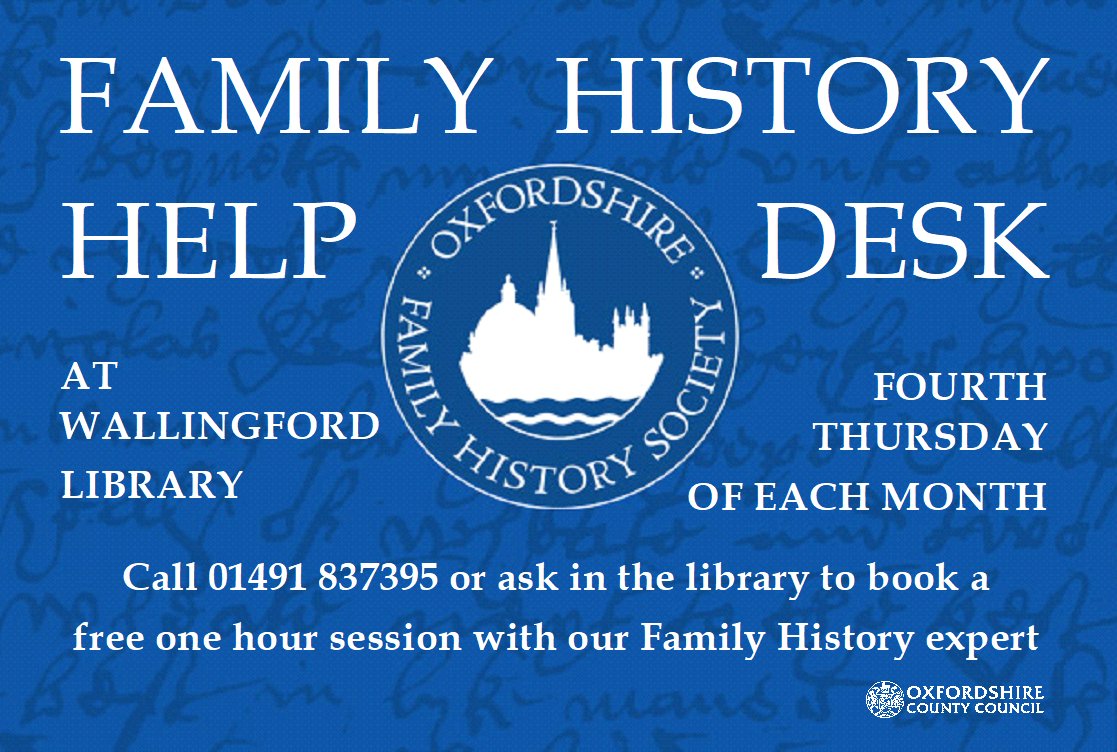 WallingfordLib's tweet photo. It's Family History Help Desk day and Kevin from the Oxfordshire Family History Society will be here offering free one hour sessions to support your family research. Call us on 01491 837395 to book. https://t.co/Ue8lYTMEIh
