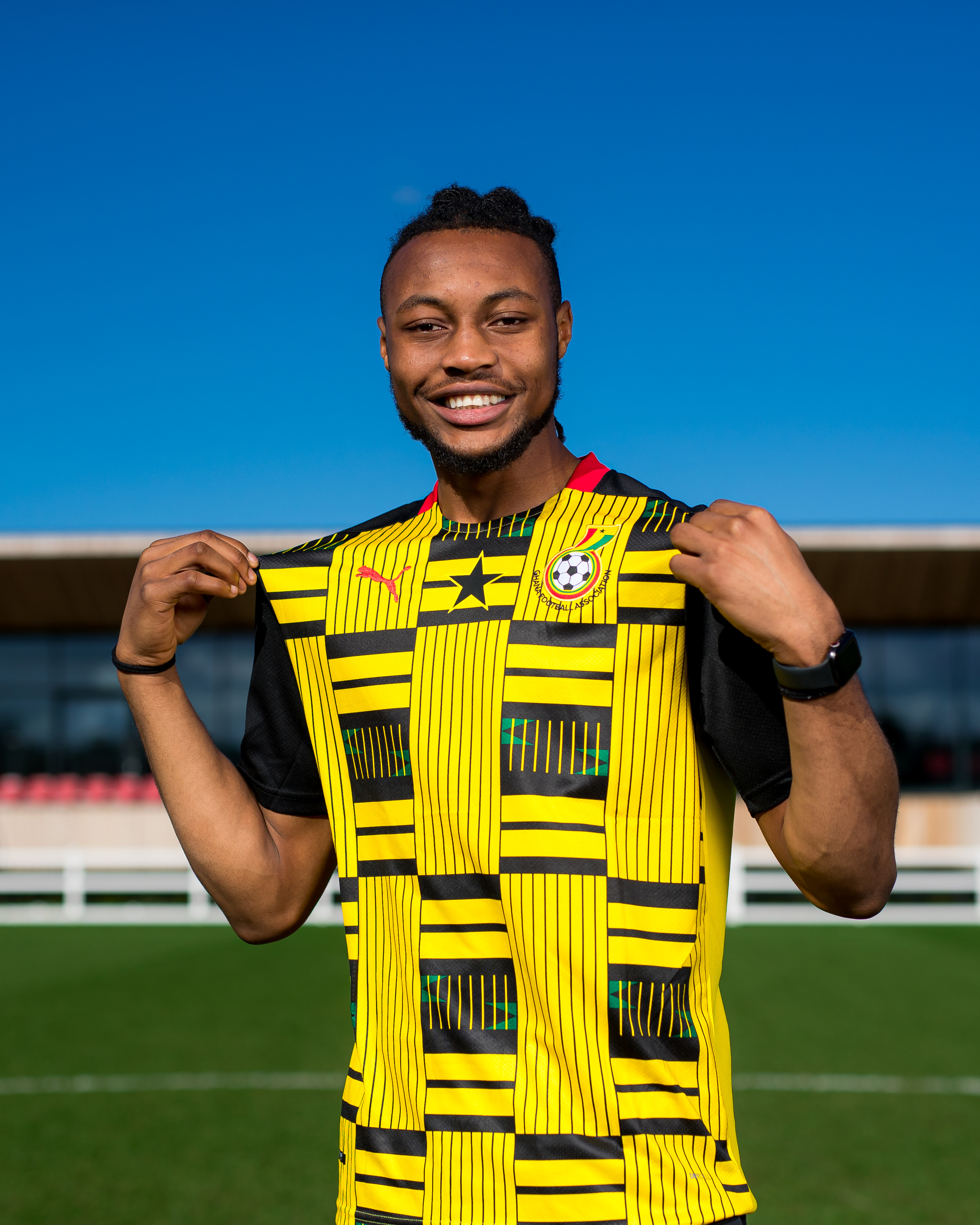 Antoine Semenyo pictures at the Robins High Performance Centre in a Ghana shirt after receiving his first international call-up. 