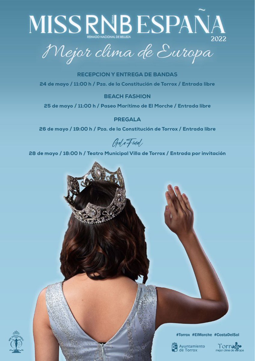 Esta tarde, a partir de las 19:00h, en la Plaza de la Constitución de Torrox tendrá lugar la pre-gala del certamen de Miss España RNB. Entrada libre.