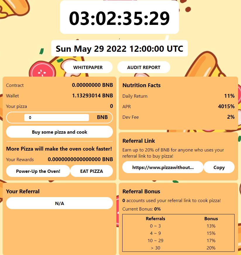 pizzaovenapp's tweet photo. It's coming! May 29 12:00:00 UTC

With 11% Daily Return, low dev fee 2%
Referral bonus up to 20%!
The best passive income generator in BSC!

Audit: @DessertSwap auditing
https://t.co/RkzvgzlrYz
Whitepaper: https://t.co/2wsCTjQ1Fv https://t.co/Xs9IykLXoT