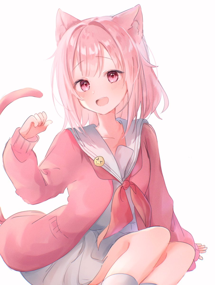 1girl animal ears pink hair tail cat ears school uniform solo  illustration images