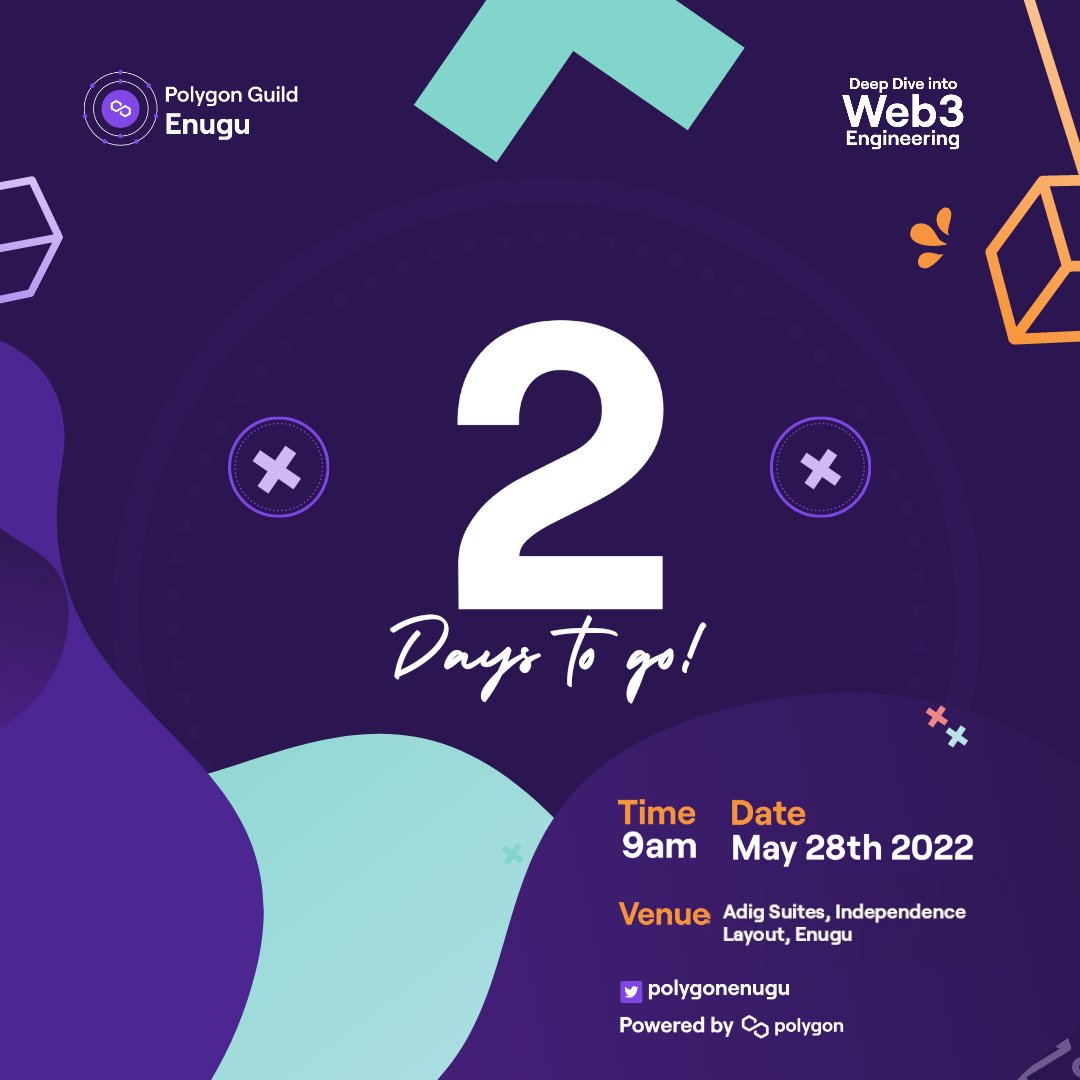PolygonEnugu's tweet photo. With 2 days to go, we can confidently say we are ready, Are you? The first 200 seats sold out. We opened up for an extra 50 and it sold out in just hours. Apologies to those affected we have to work within our capacity to ensure an amazing experience.
#polygonweb3guilds #web3 https://t.co/6YASYlMnA5