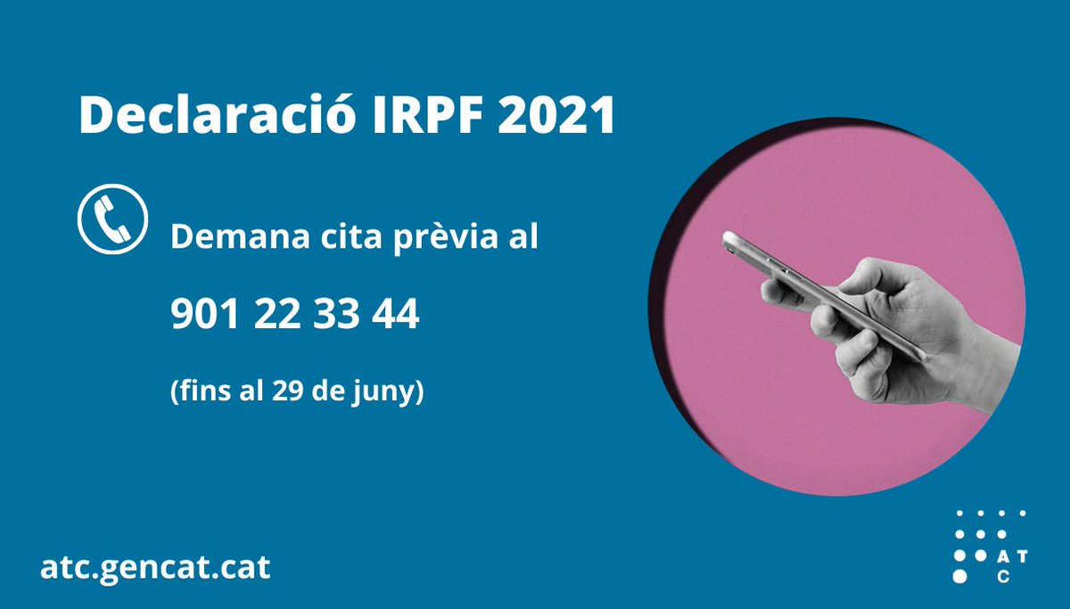 gencat's tweet photo. 🧑🏽‍💻 A partir d'avui dijous les persones que vulguin rebre assessorament personalitzat a les oficines de @tributscat per fer la declaració de la #renda poden demanar cita al 901 22 33 44. https://t.co/poxbJlGHTa

📆 L’atenció es farà a partir de l’1 de juny. https://t.co/a99iCKP3t7