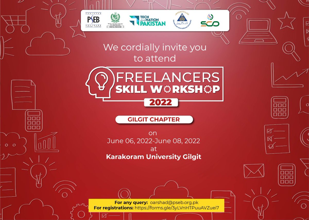 FREE Freelancers Boot-camp (GB Chapter)
<a href="/PSEB/">PSEB</a> PakistanSoftware Export Board is organizing a Free of cost boot camp for the youth of Gilgit Baltistan. 
Registration Link: forms.gle/3yLVnHTPuuAVZu…
Date: 06 - 08 June 2022
Location: KIU Gilgit