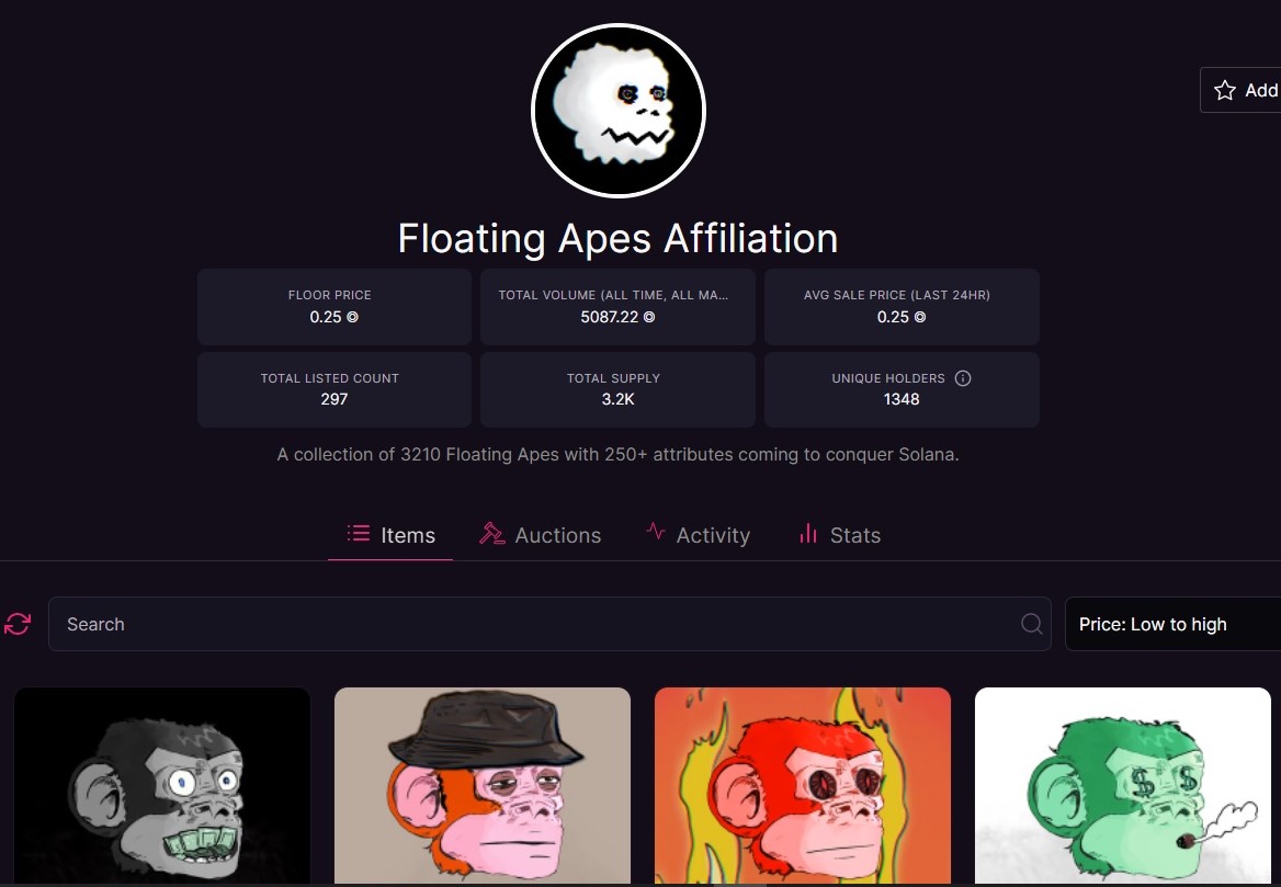 which is the most undervalued ape art??
checkout <a href="/FloatingApesNFT/">Floating Apes Affiliation</a> 
The art is sick🎨🔥
297 listed out of 3210. 💸
community strongly knitted
raffles are going on.. <a href="/FamousFoxFed/">Famous Fox Federation 🦊🟠</a> @catalinawhales <a href="/CetsOnCreck/">CetsOnCreck is now CETS</a> 💸💸💸
LFG 🚀🚀🚀
#NFTCommunity #NFTs #nftart