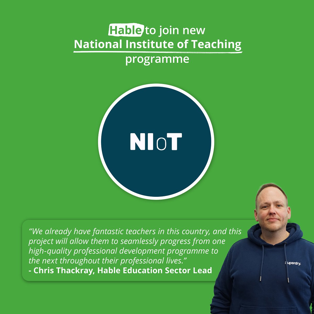 hablegroup's tweet photo. Hable are delighted to be joining the new National Institute of Teaching programme, which will harness the talent of teachers and leaders throughout their careers. 

Read more: https://t.co/mhwtxxaGR5

#EduTwitter #MIEE #NIoT 

@christhack @NatInstTeaching https://t.co/UzscvnnHED