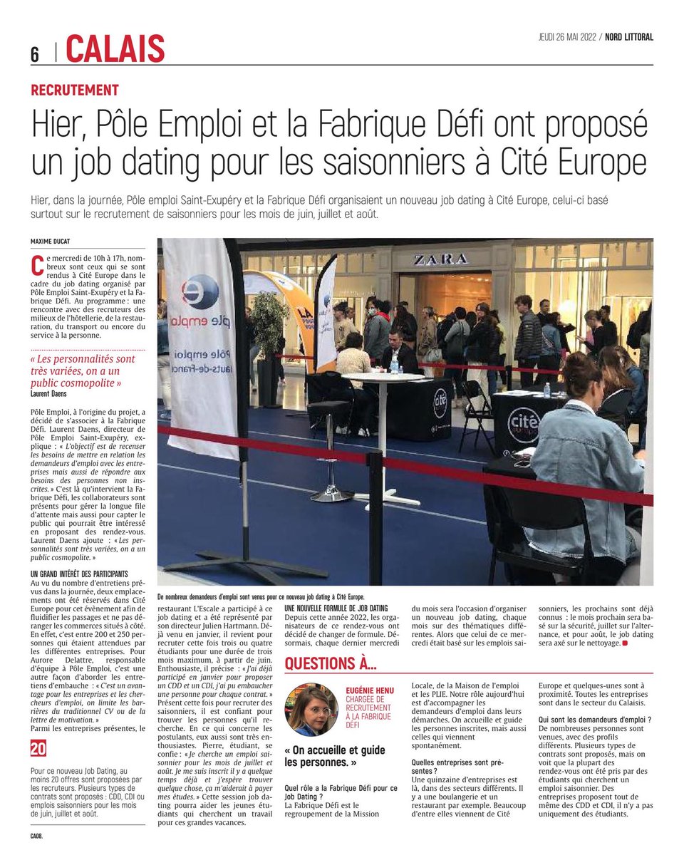 ⁦@poleemploi_HDF⁩ #calais retour à chaud du job dating d’hier ! 
Une belle affluence de belles rencontres entre les entreprises et nos usagers ⁦<a href="/CarmilaFrance/">Carmila</a>⁩ ⁦<a href="/LeShuttle/">LeShuttle</a>⁩ ⁦<a href="/DeprezVeroniqu1/">Veronique Deprez</a>⁩ ⁦@FredericDanel⁩ ⁦<a href="/Nordlitt/">Nord Littoral</a>⁩ ⁦<a href="/FabriqueDefi/">La Fabrique Défi</a>⁩
