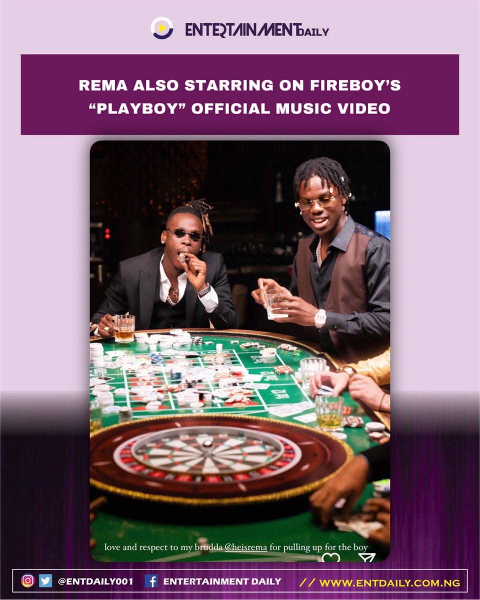 Entdaily001's tweet photo. #Rema also starring on #Fireboy_Dmlโs โ#Playboyโ official music video ๐บ๐
โLove and respect to my Brudda Rema for pulling up for the boyโ โ #Fireboy ๐ฃ https://t.co/M0eZ5DaxCE