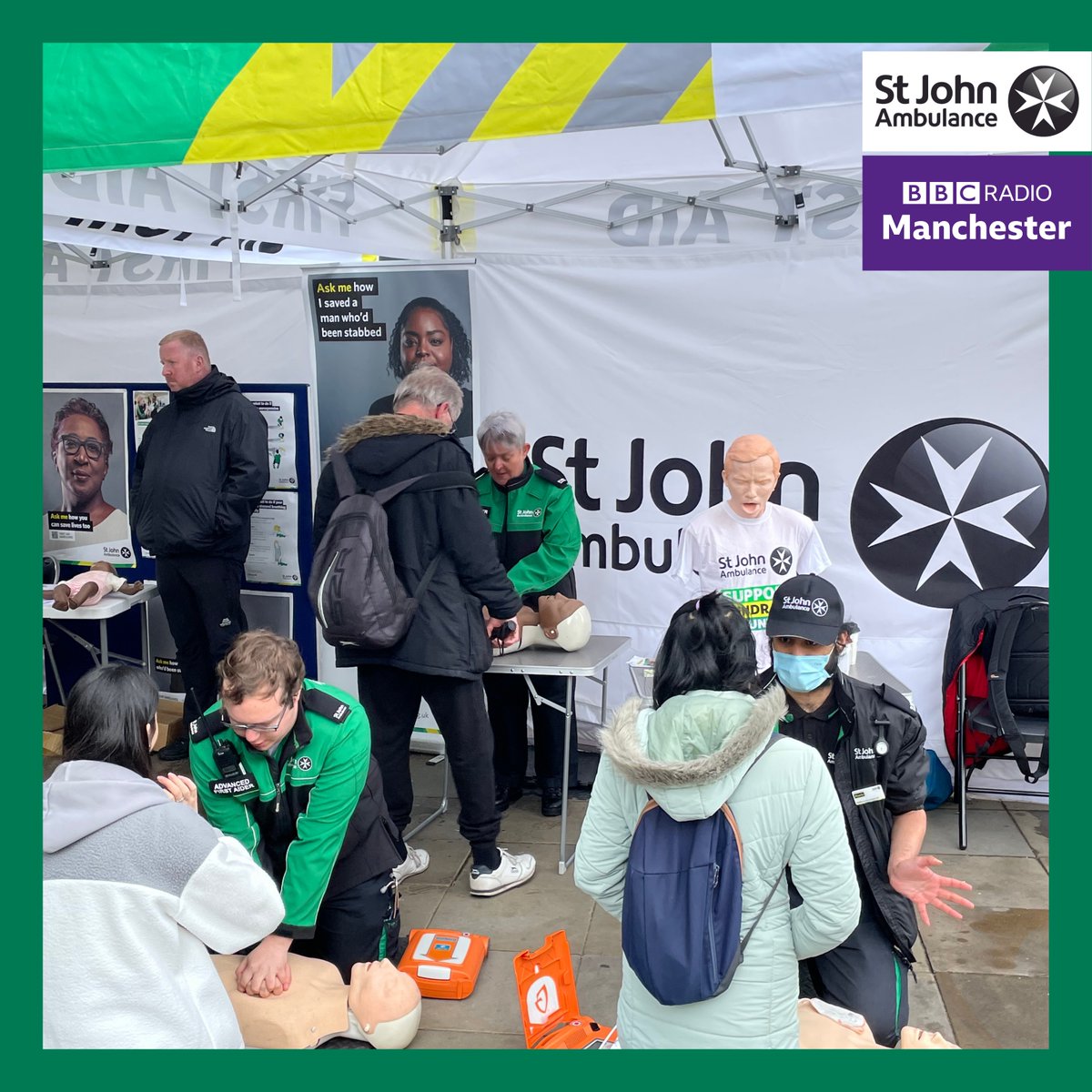 SJA_GM's tweet photo. Thank you for a great day on the radio @BBCRadioManc  and thank you for supporting us @ManCityCouncil  with the space to give live demonstrations. You can get involved or hear the launch of the campaign on BBC sounds via our link in bio.
#BBCSaveALife #SJASaveALife https://t.co/OzlyAMIKlX