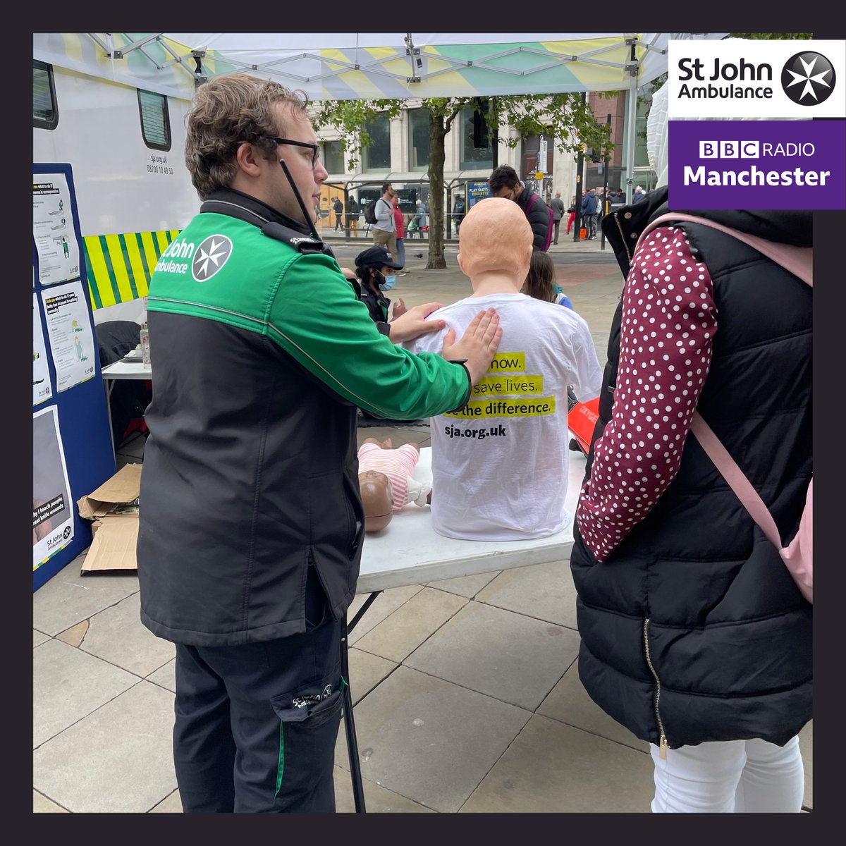 SJA_GM's tweet photo. Thank you for a great day on the radio @BBCRadioManc  and thank you for supporting us @ManCityCouncil  with the space to give live demonstrations. You can get involved or hear the launch of the campaign on BBC sounds via our link in bio.
#BBCSaveALife #SJASaveALife https://t.co/OzlyAMIKlX