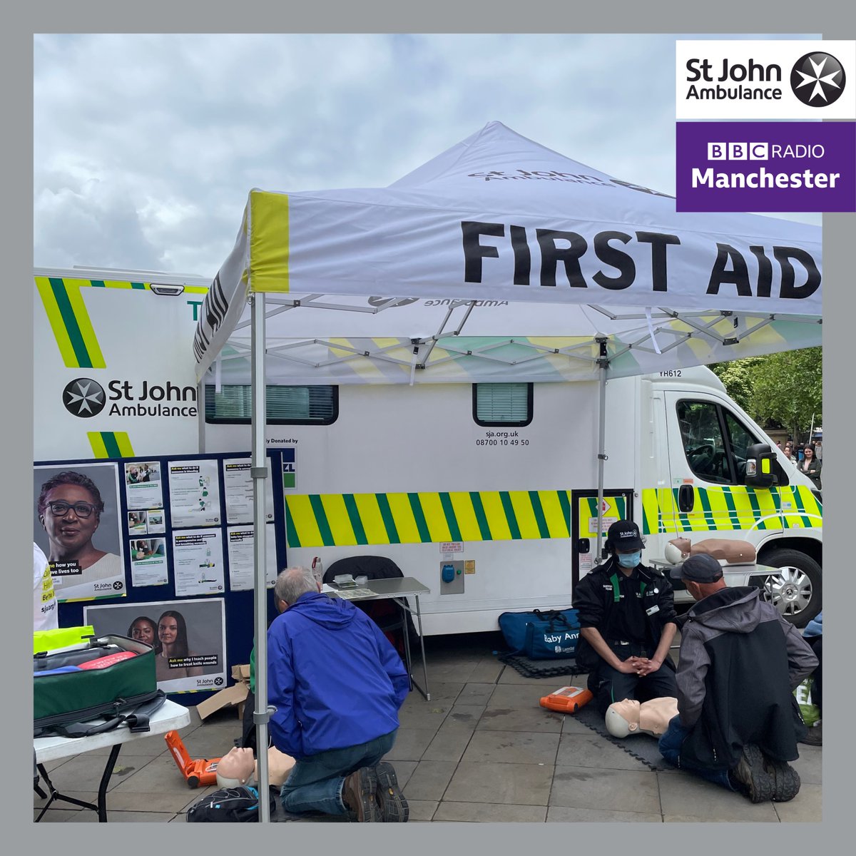 SJA_GM's tweet photo. Thank you for a great day on the radio @BBCRadioManc  and thank you for supporting us @ManCityCouncil  with the space to give live demonstrations. You can get involved or hear the launch of the campaign on BBC sounds via our link in bio.
#BBCSaveALife #SJASaveALife https://t.co/OzlyAMIKlX