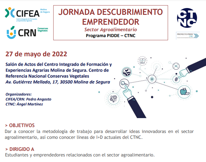 CTCAlimentacion's tweet photo. Todos los detalles del Programa #PIDDE en la Jornada 'Descubrimiento Emprendedor' organizada por el @CTCAlimentacion y el @cifeademolina
🗓️27 mayo
♻️Daremos a conocer la metodología de trabajo para el desarrollo de ideas innovadoras alimentarias
#Agromatter
@Agro2Circular https://t.co/kREVfTJ5r9