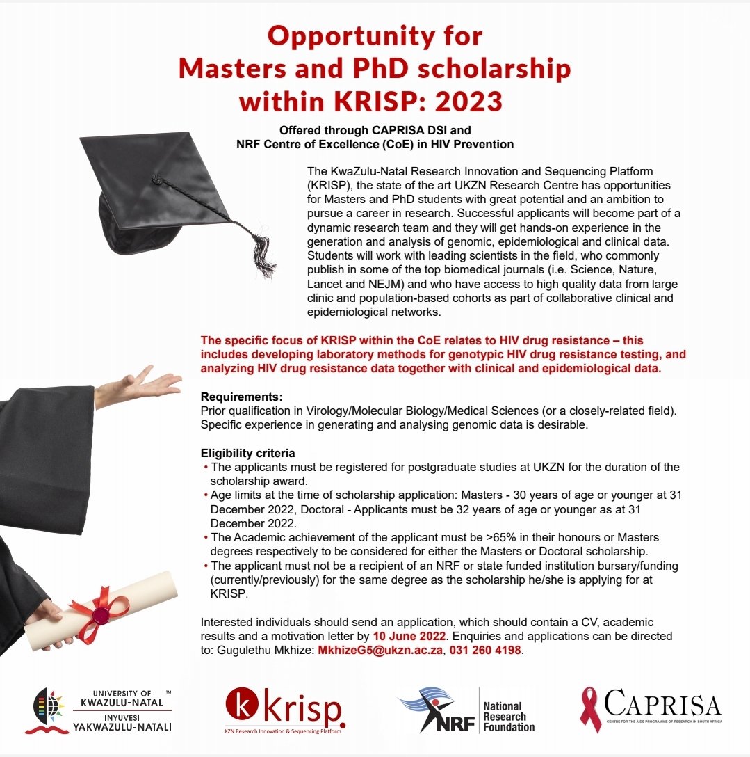 krisp_news's tweet photo. 📢 Apply today and join our dynamic team! #Scholarship #HIVresearch @Tuliodna @rjlessells @Jenn_Giandhari https://t.co/v9jseHZG0q